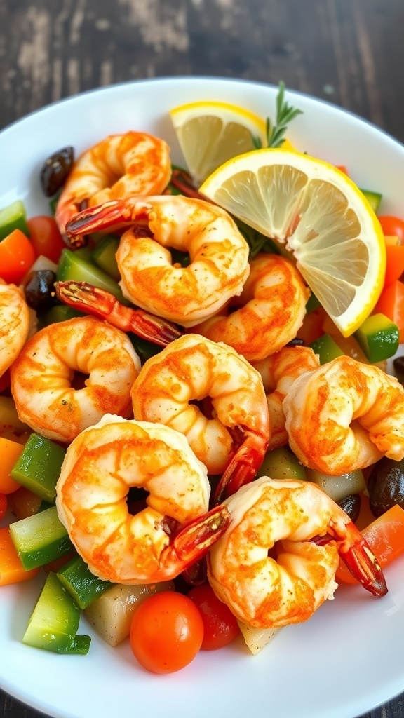 Crispy Air Fryer Frozen Shrimp and Vegetables Crispy air-fried shrimp with mixed vegetables and lemon wedges on a white plate.